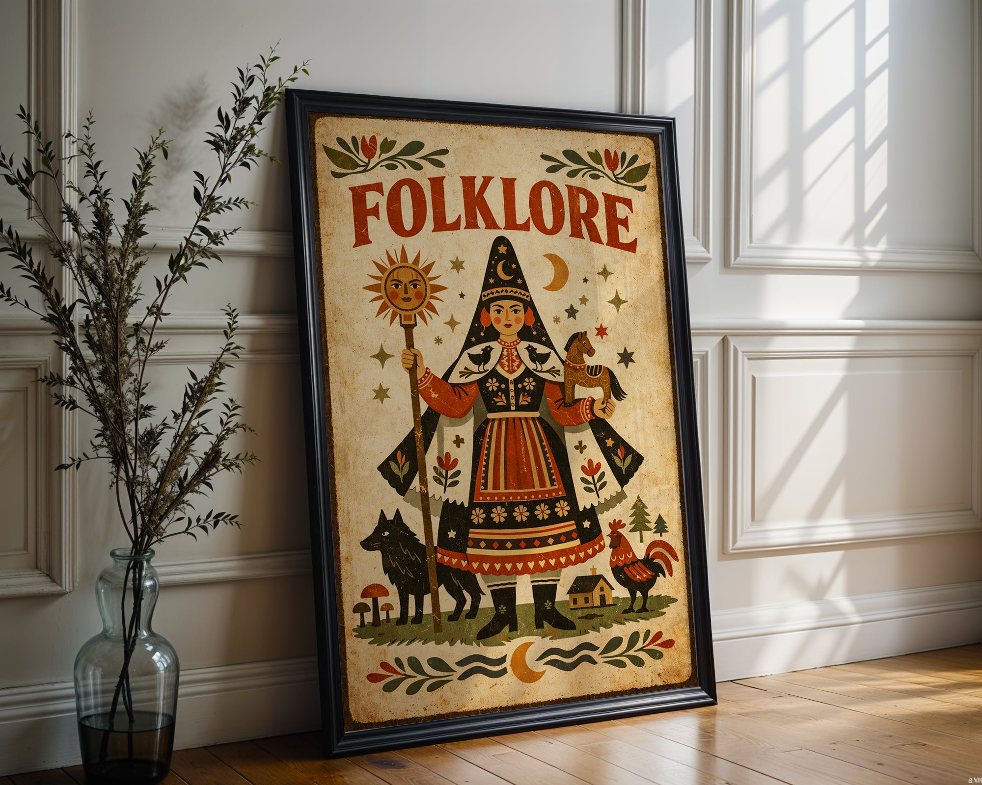 Vintage Folklore poster displayed in a cosy interior setting