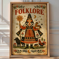 Illustrated folk-art poster titled 'Folklore', woman in traditional dress holding a sun staff beside a wolf and horse