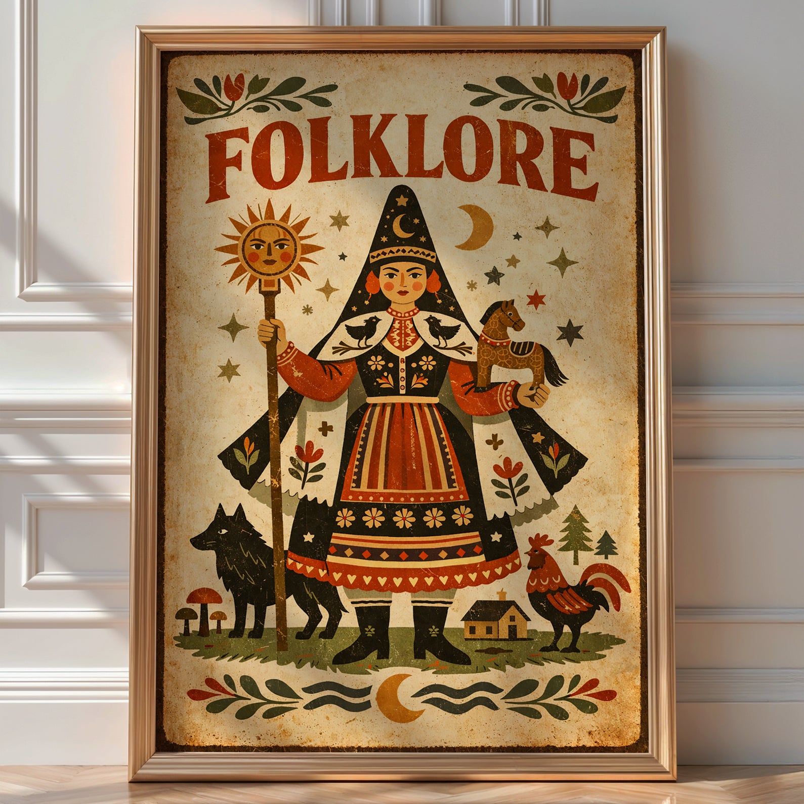 Illustrated folk-art poster titled 'Folklore', woman in traditional dress holding a sun staff beside a wolf and horse