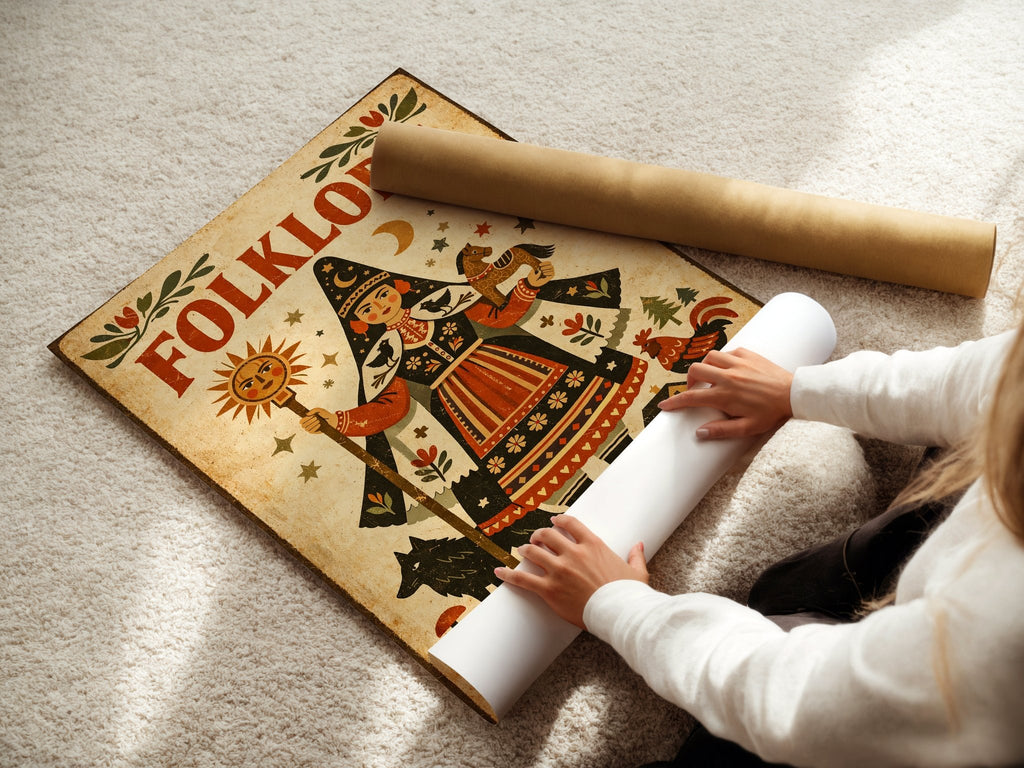 Vintage Folklore poster displayed in a styled room setting