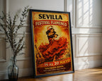 Sevilla Flamenco poster mockup shown on a gallery wall