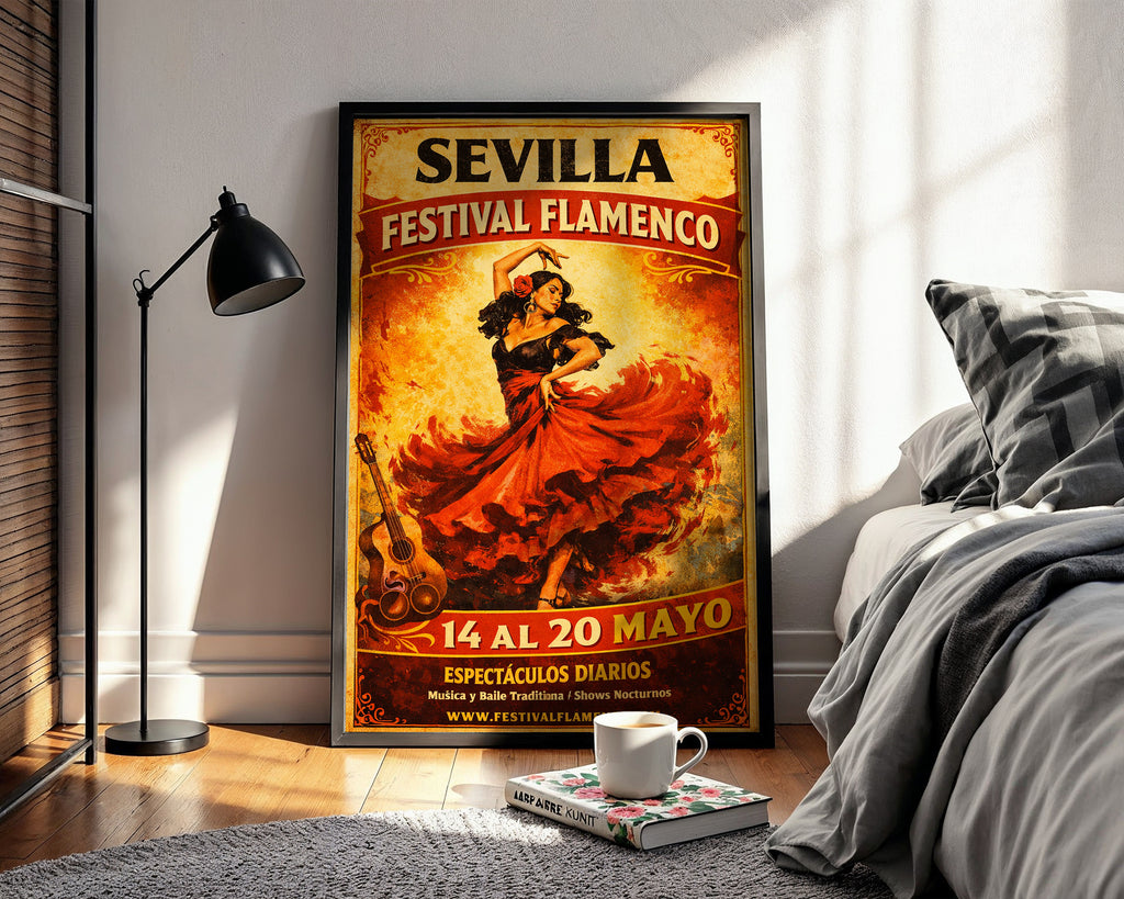 Sevilla Flamenco poster displayed in a cosy interior setting
