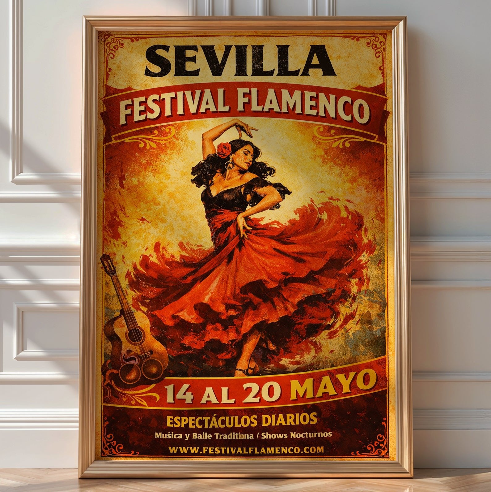 Vintage-style 'Sevilla Festival Flamenco' poster with a flamenco dancer in a red dress beside a guitar