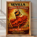 Vintage-style 'Sevilla Festival Flamenco' poster with a flamenco dancer in a red dress beside a guitar