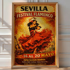 Vintage-style 'Sevilla Festival Flamenco' poster with a flamenco dancer in a red dress beside a guitar
