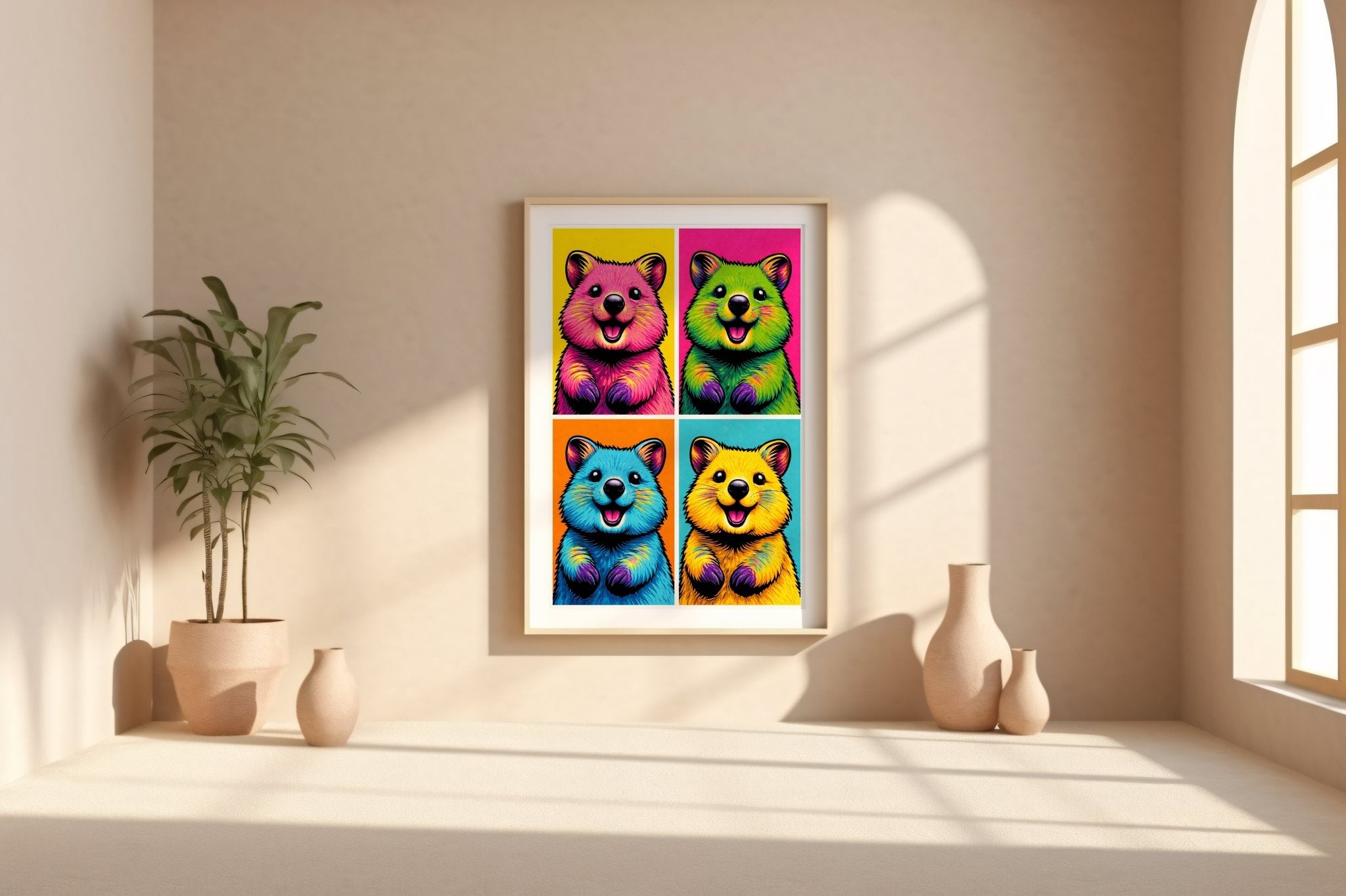 Pop Art Quokka poster mockup shown on a gallery wall