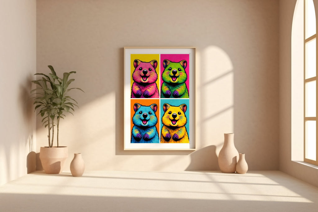 Pop Art Quokka poster mockup shown on a gallery wall