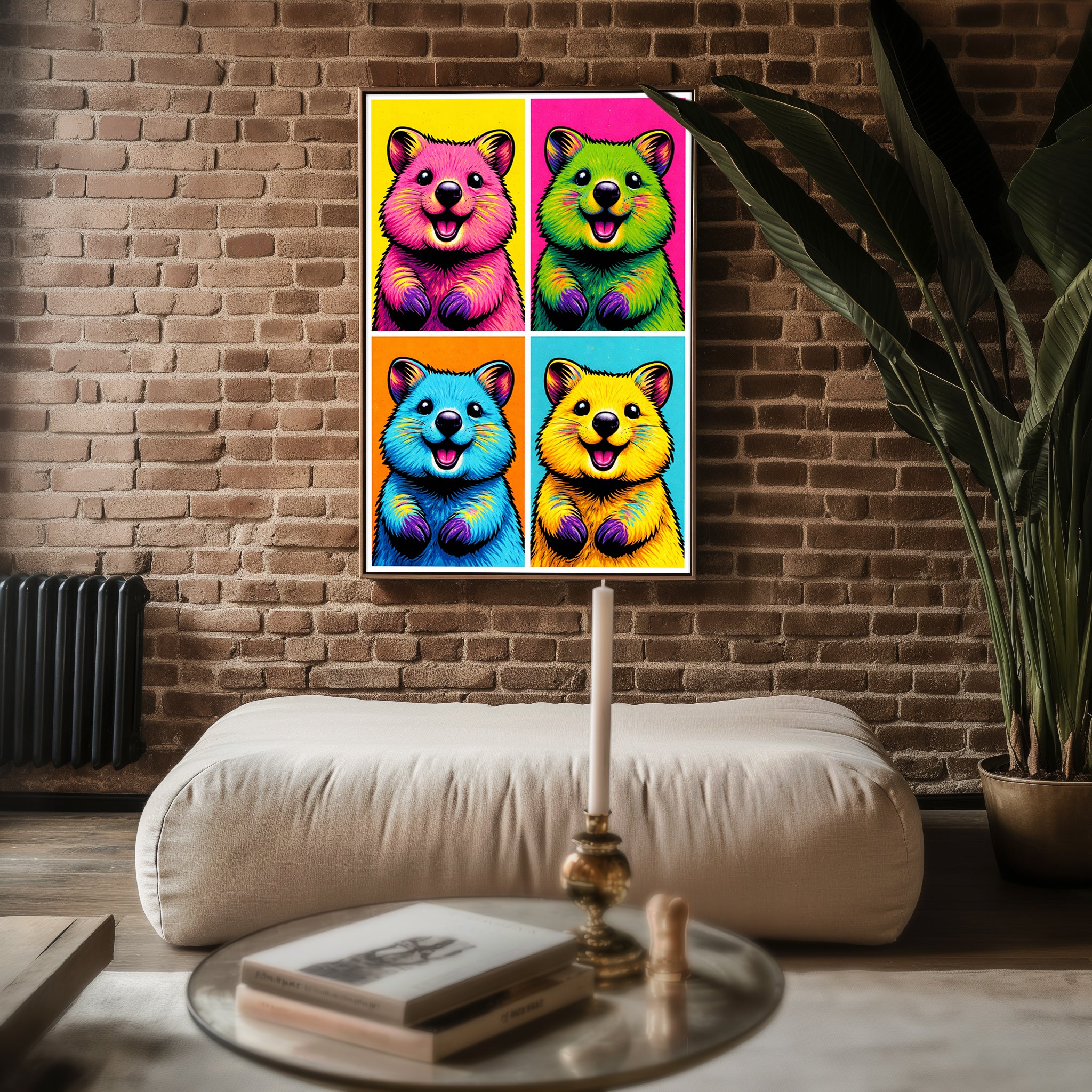 Pop Art Quokka poster displayed in a cosy interior setting
