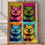 Warhol-style four-panel pop art print of a smiling quokka in pink, green, blue and yellow