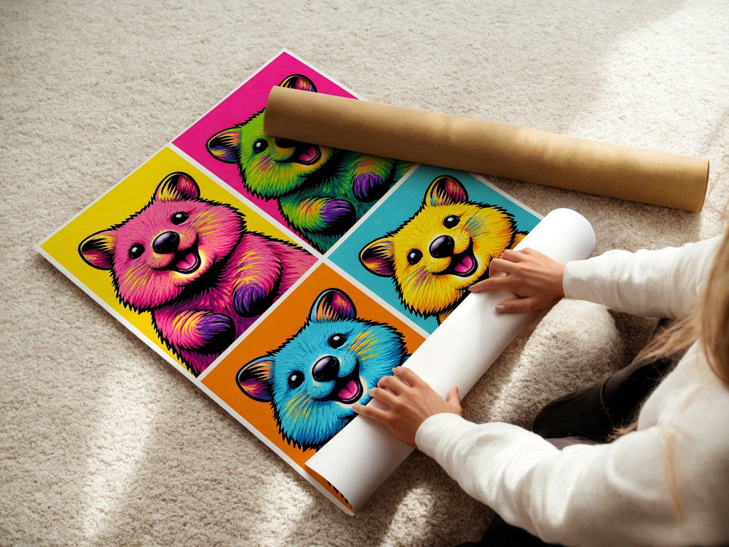 Pop Art Quokka poster displayed in a styled room setting