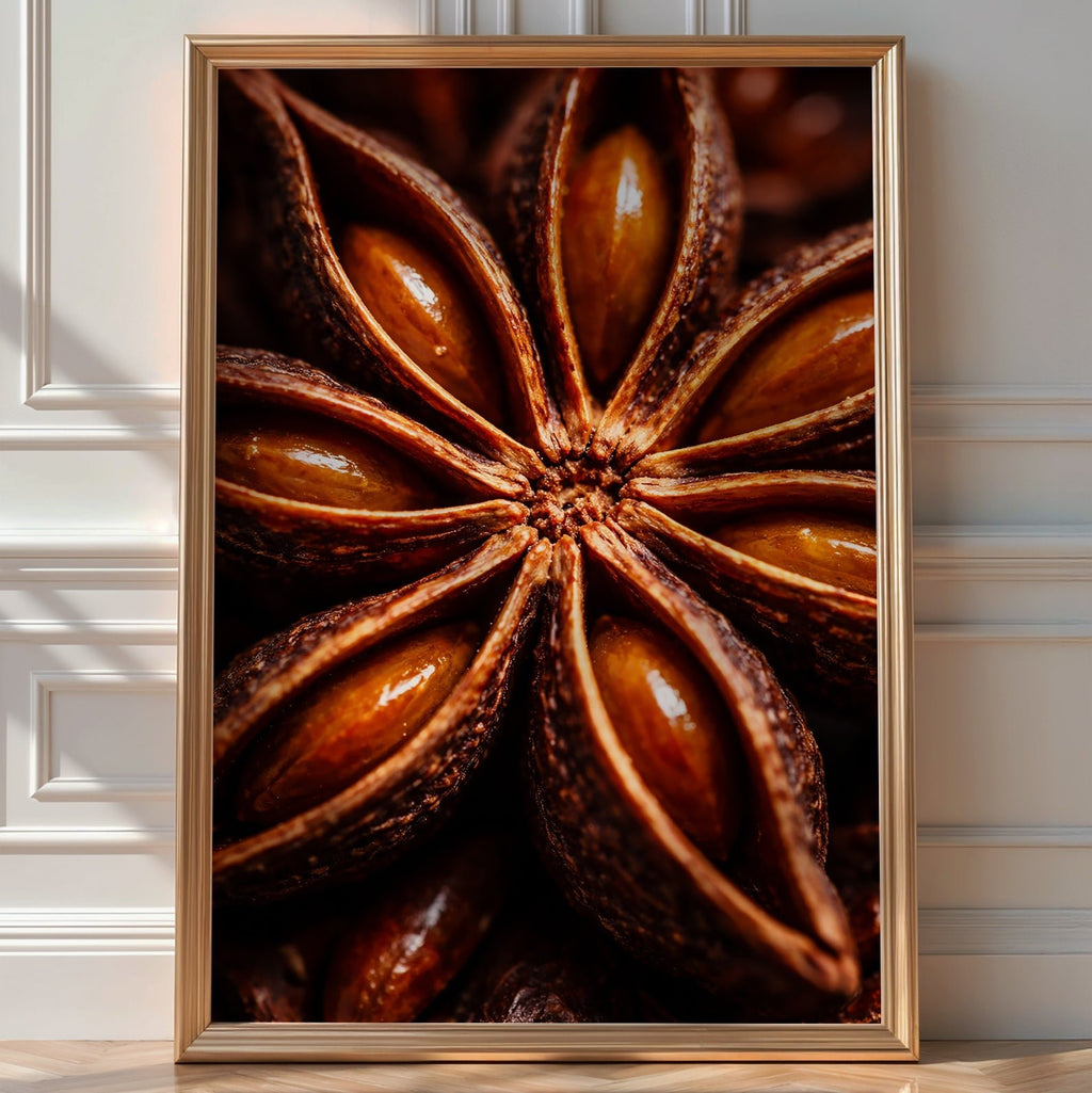 Macro photograph of a star anise pod, its glossy seed pockets radiating in a star pattern