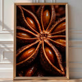 Macro photograph of a star anise pod, its glossy seed pockets radiating in a star pattern