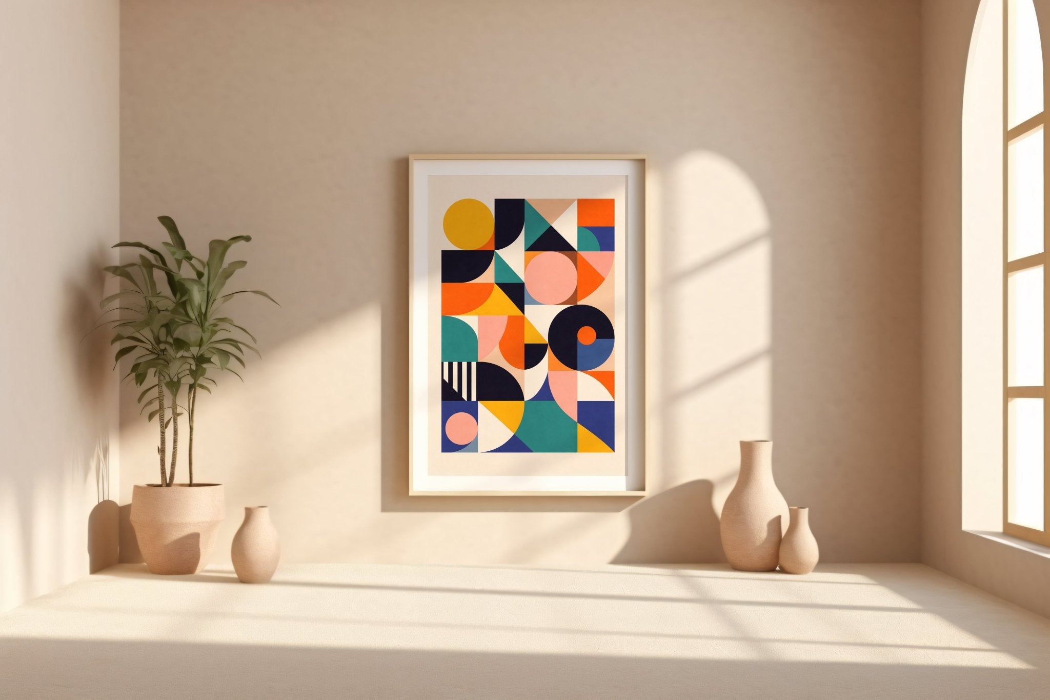 Bauhaus Shapes poster mockup shown on a gallery wall