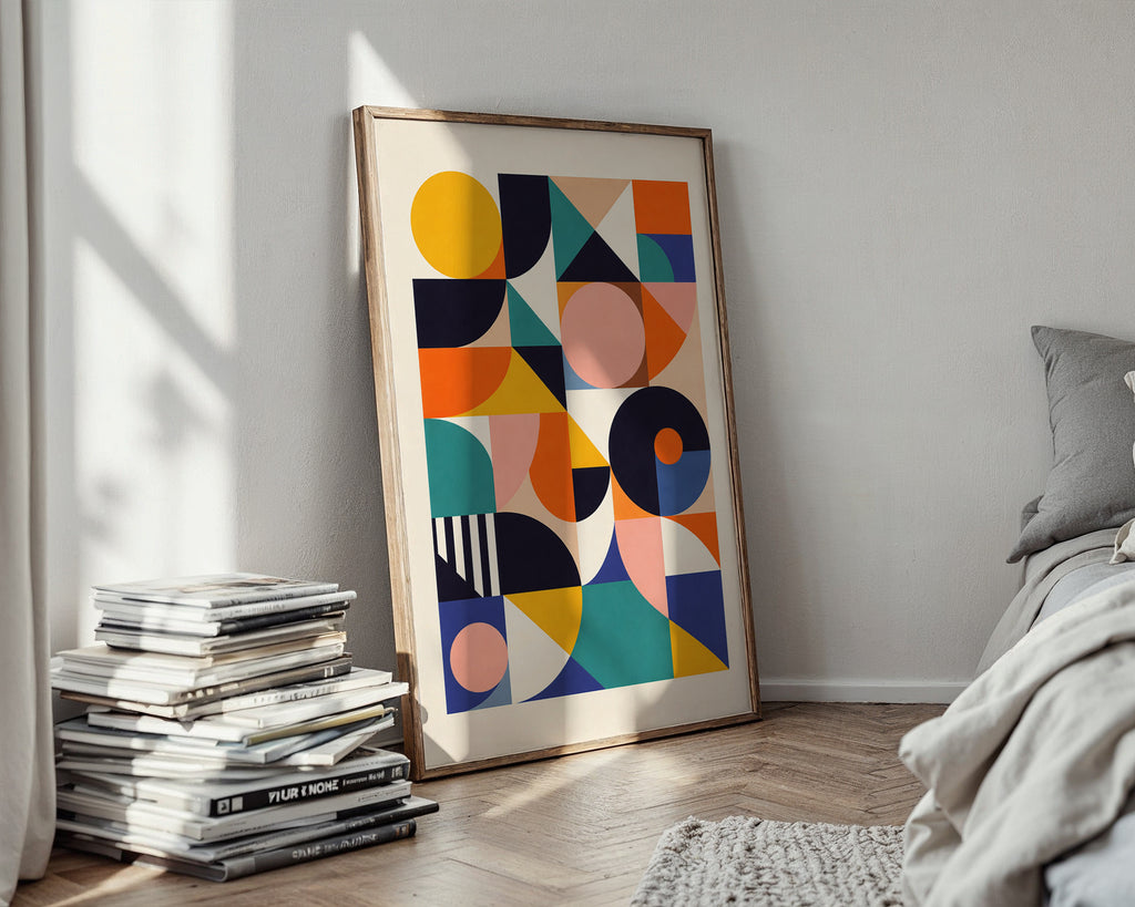 Bauhaus Shapes poster mockup in a modern room setting