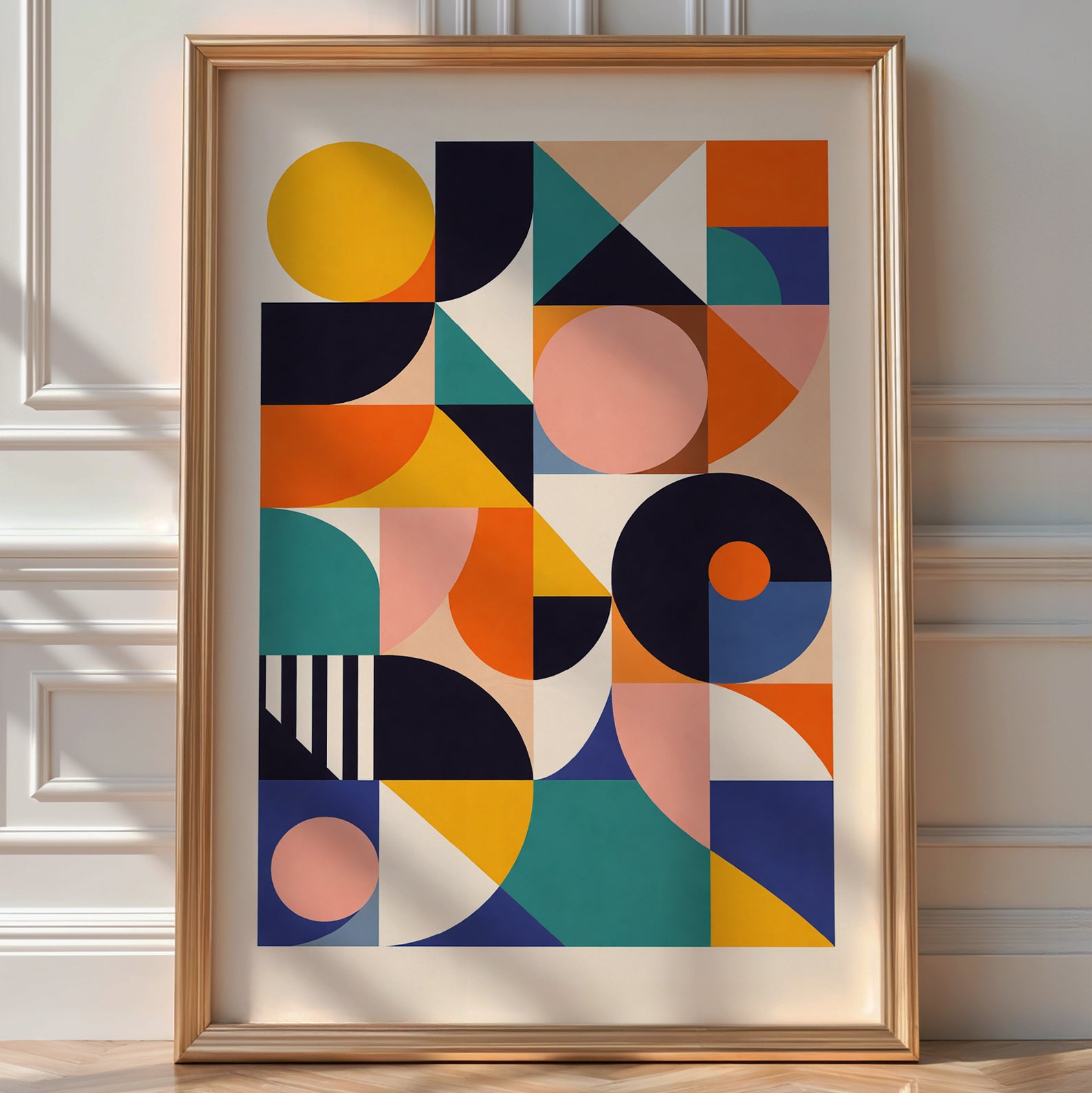 Bauhaus-style geometric abstract print with circles, triangles and blocks in mustard, teal, navy and coral