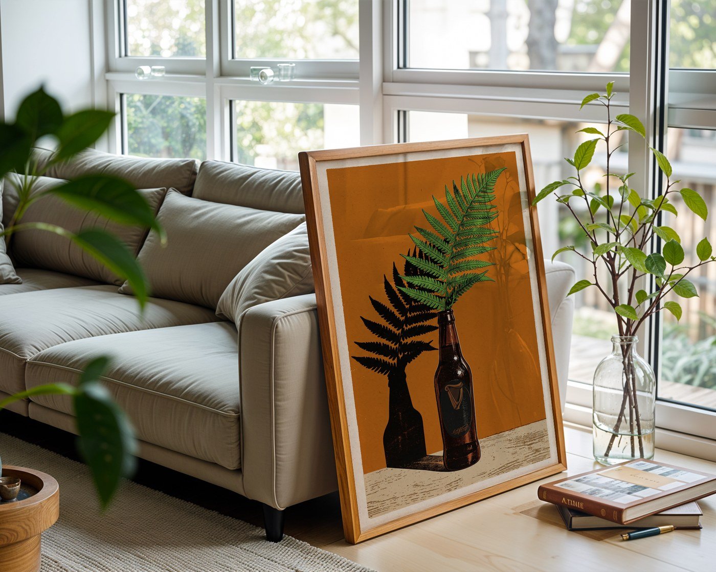 Guinness Bottle and Fern Poster – Retro Botanical Wall Art Print — frame-426