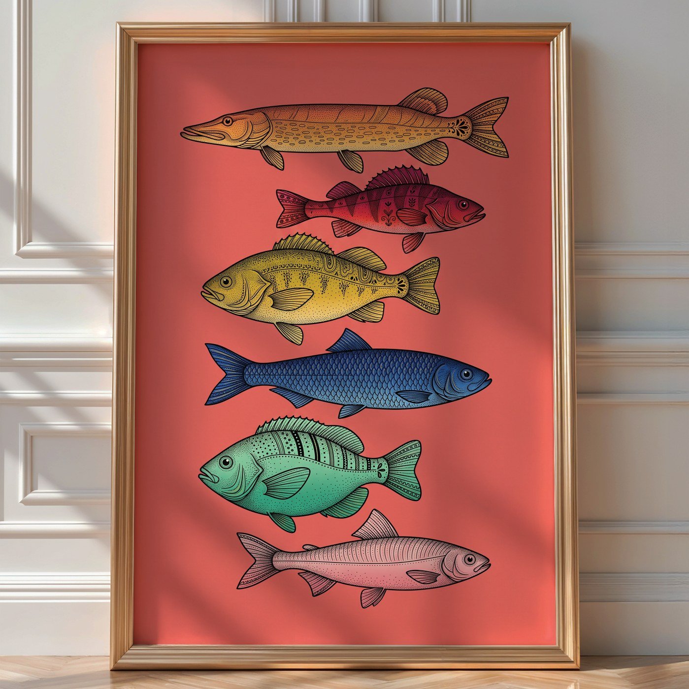 Nordic Aquatic Life Poster – Stippled Wall Art Print — room-portrait