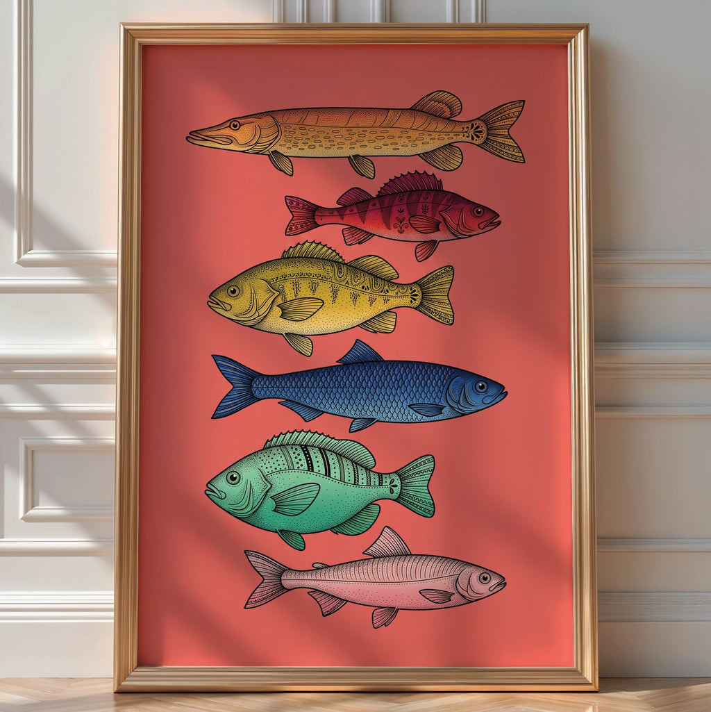 Nordic Aquatic Life Poster – Stippled Wall Art Print — room-portrait