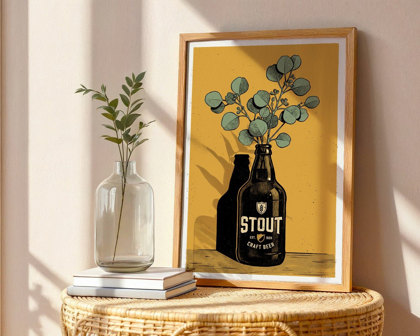 Stout Bottle and Eucalyptus Poster – Modern Botanical Wall Art Print — frame-486