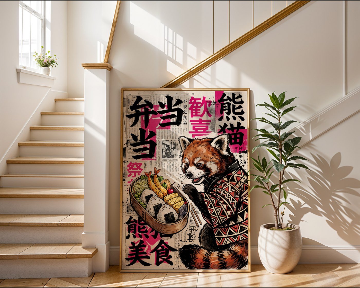 Bento Red Panda Poster – Bold Japanese Graphic Wall Art Print — frame-267