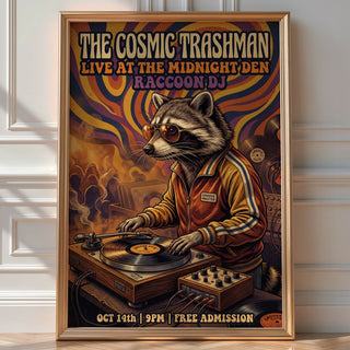 Cosmic Vinyl Raccoon Poster – 70s Funk Wall Art Print — room-portrait