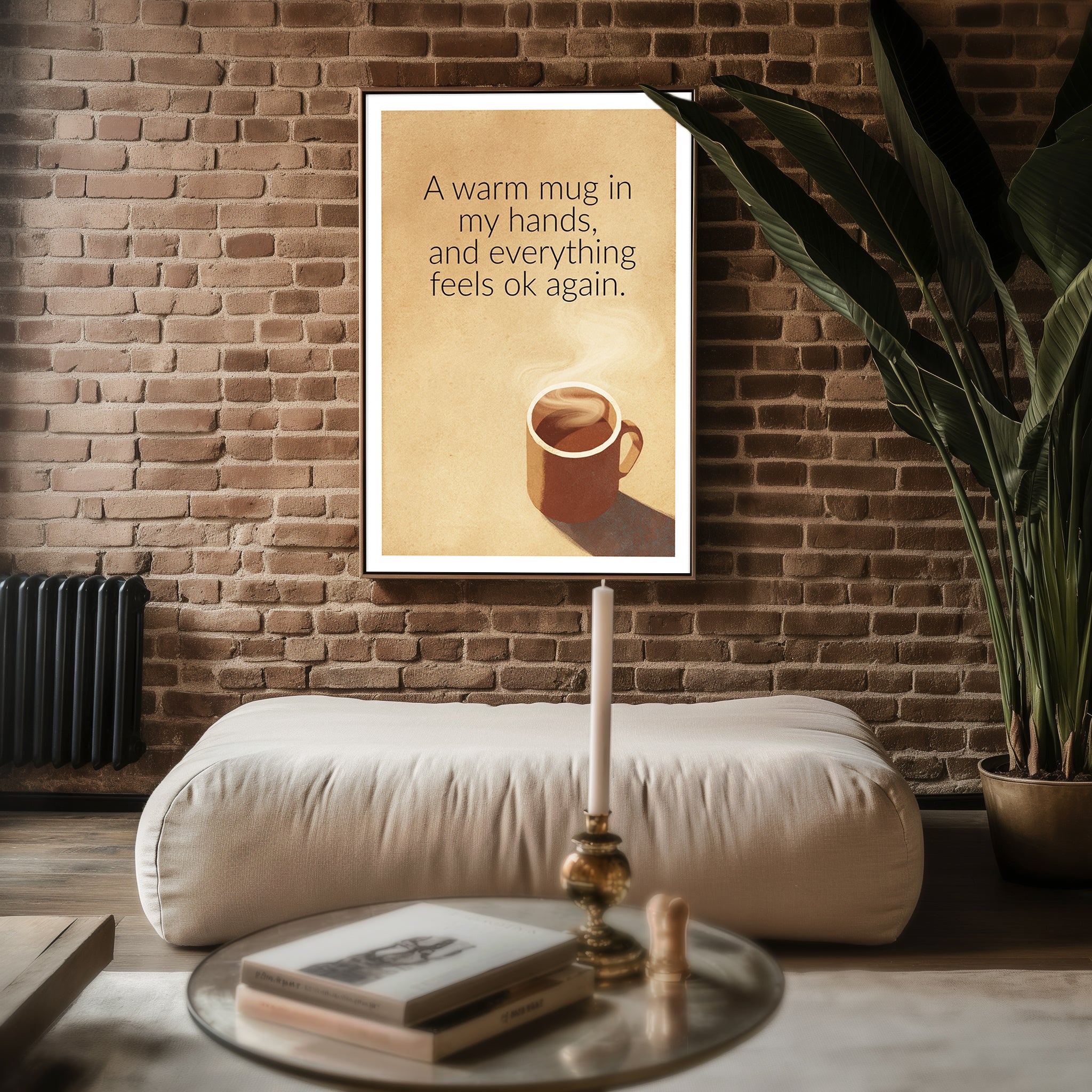 Warm Mug Quote poster shown in an alternative frame style