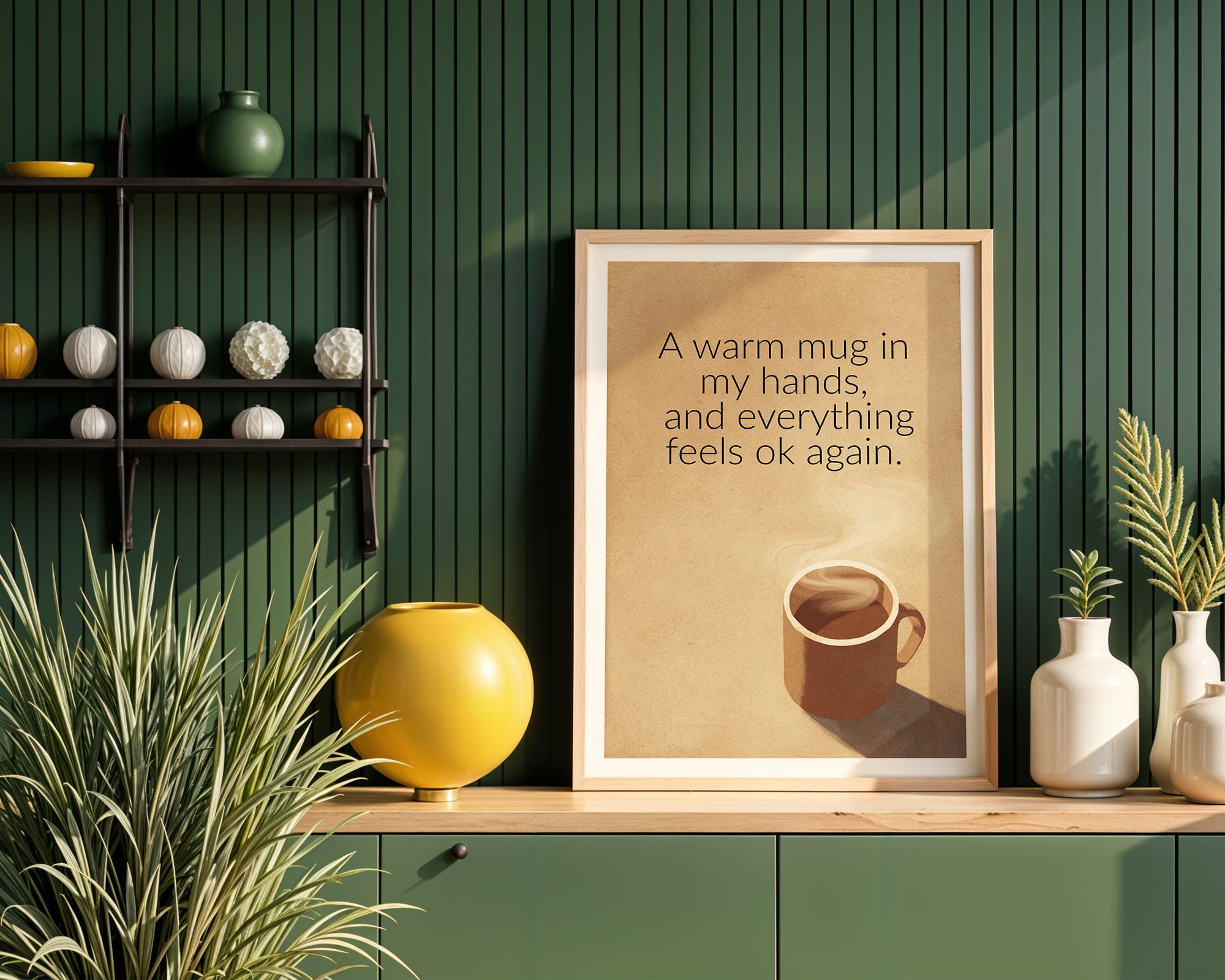 Warm Mug Quote poster mockup shown on a gallery wall