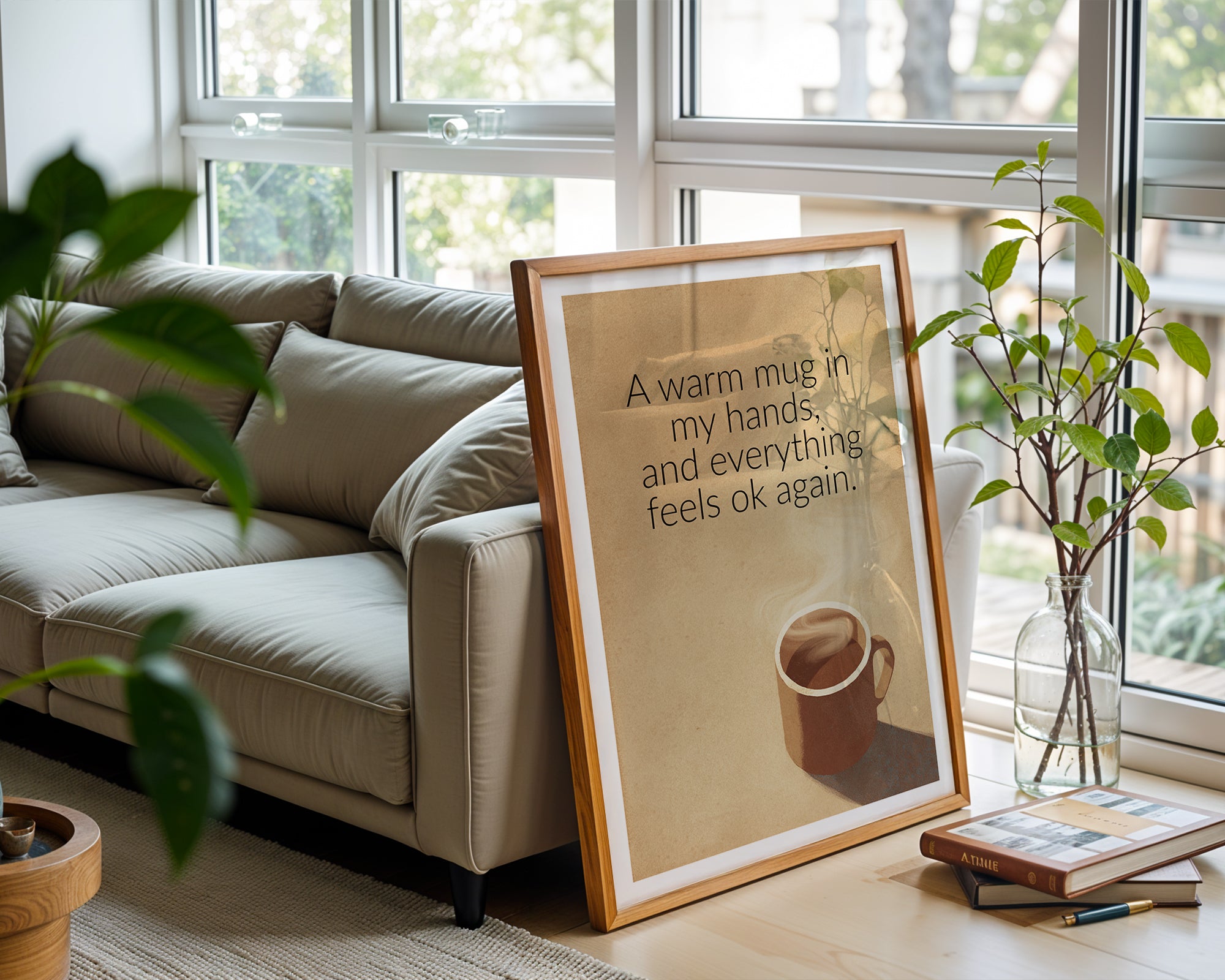Warm Mug Quote poster displayed in a cosy interior setting