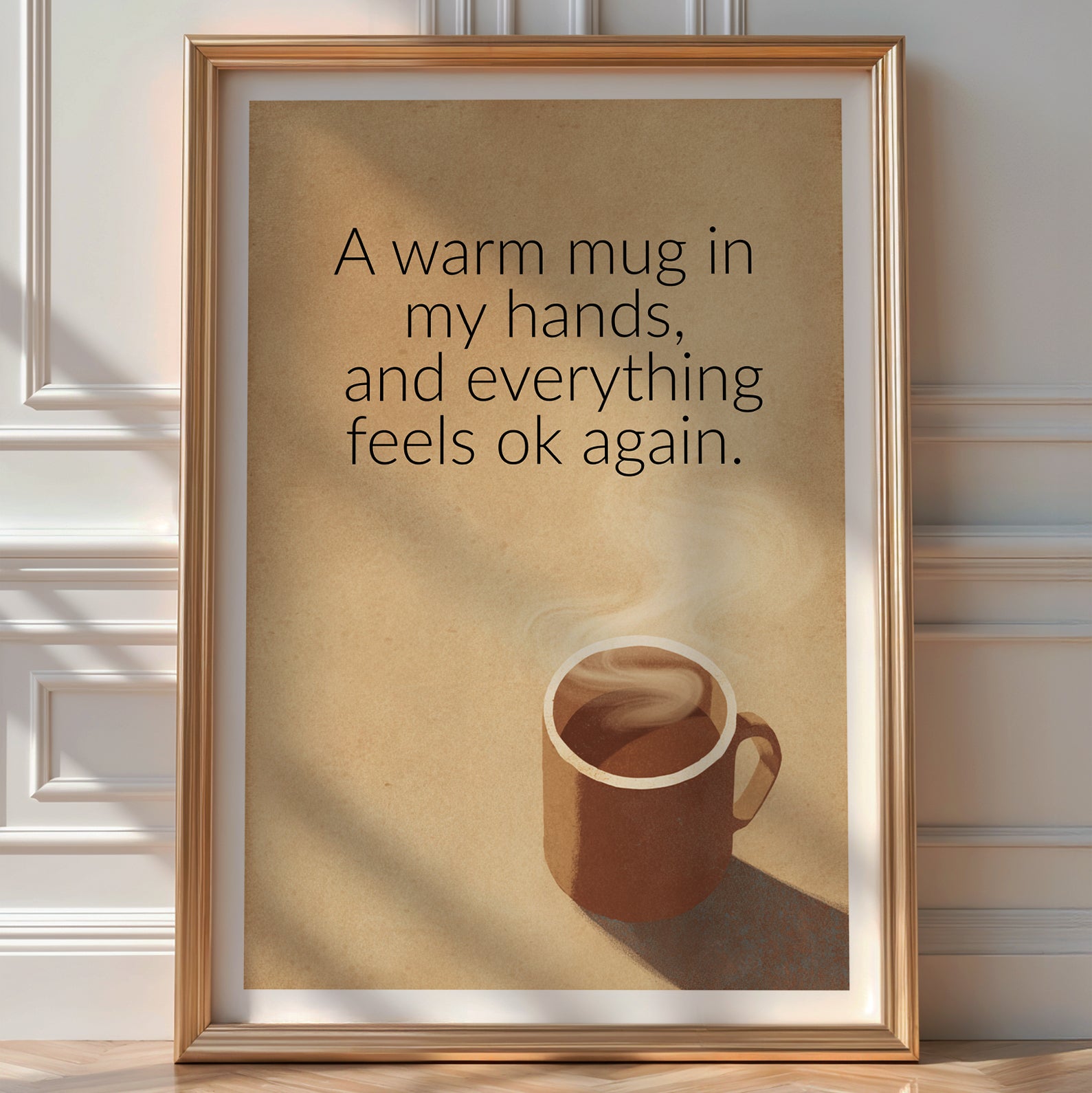 Minimalist illustration of a steaming mug with the quote 'A warm mug in my hands, and everything feels ok again'