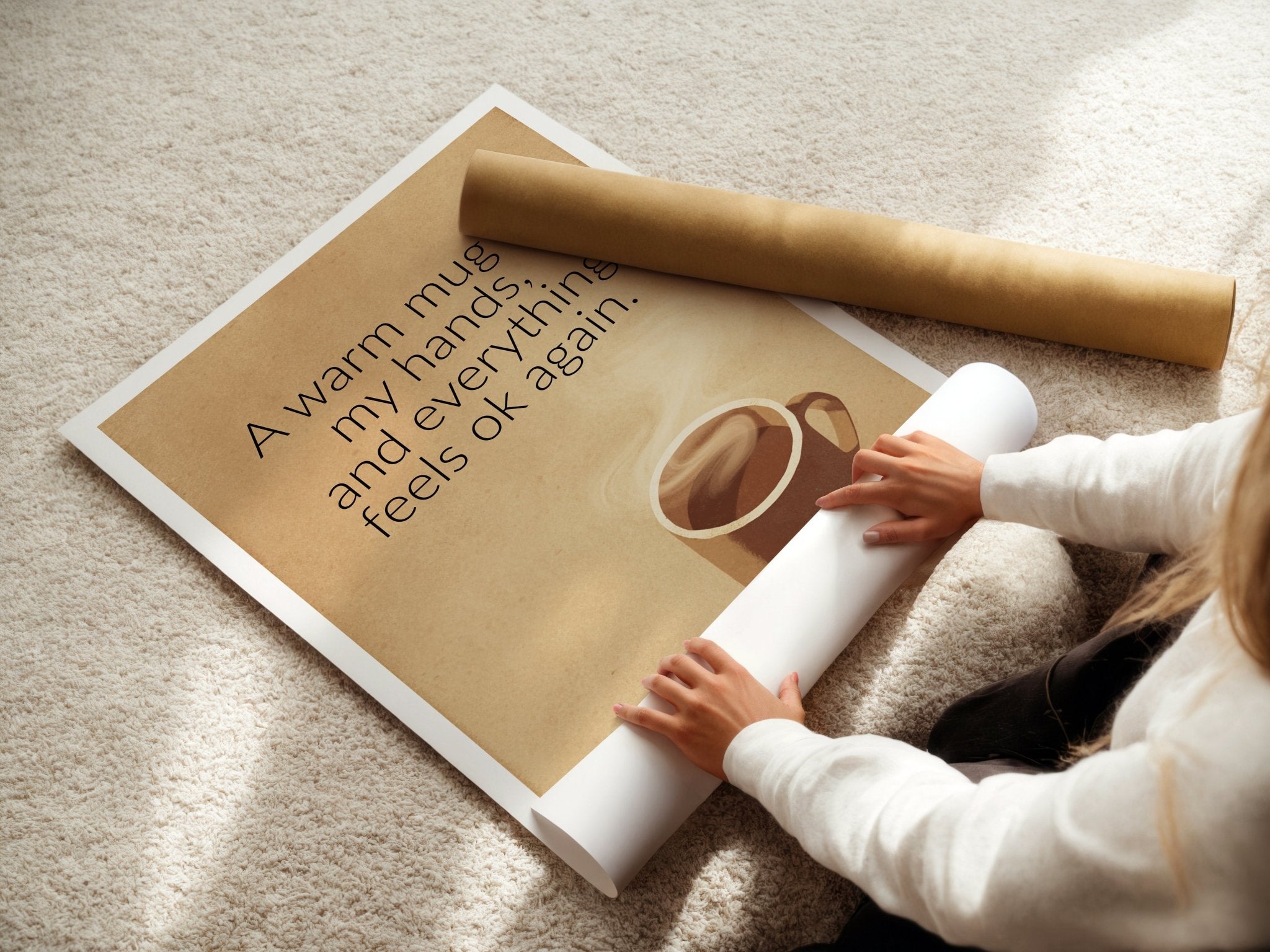 Warm Mug Quote poster displayed in a styled room setting