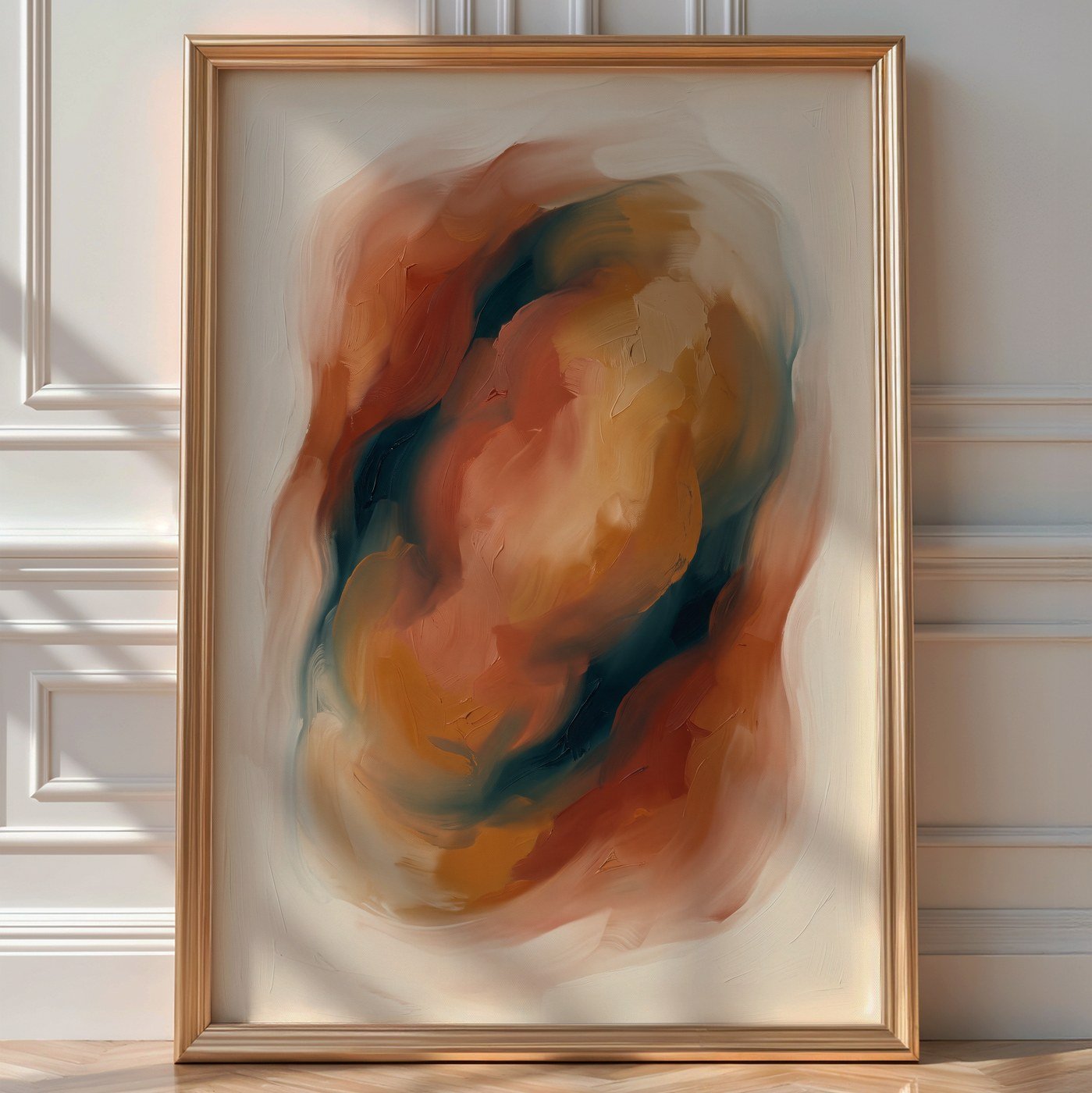 Terracotta & Teal Abstract – Warm Colour-Field Wall Art — room-portrait