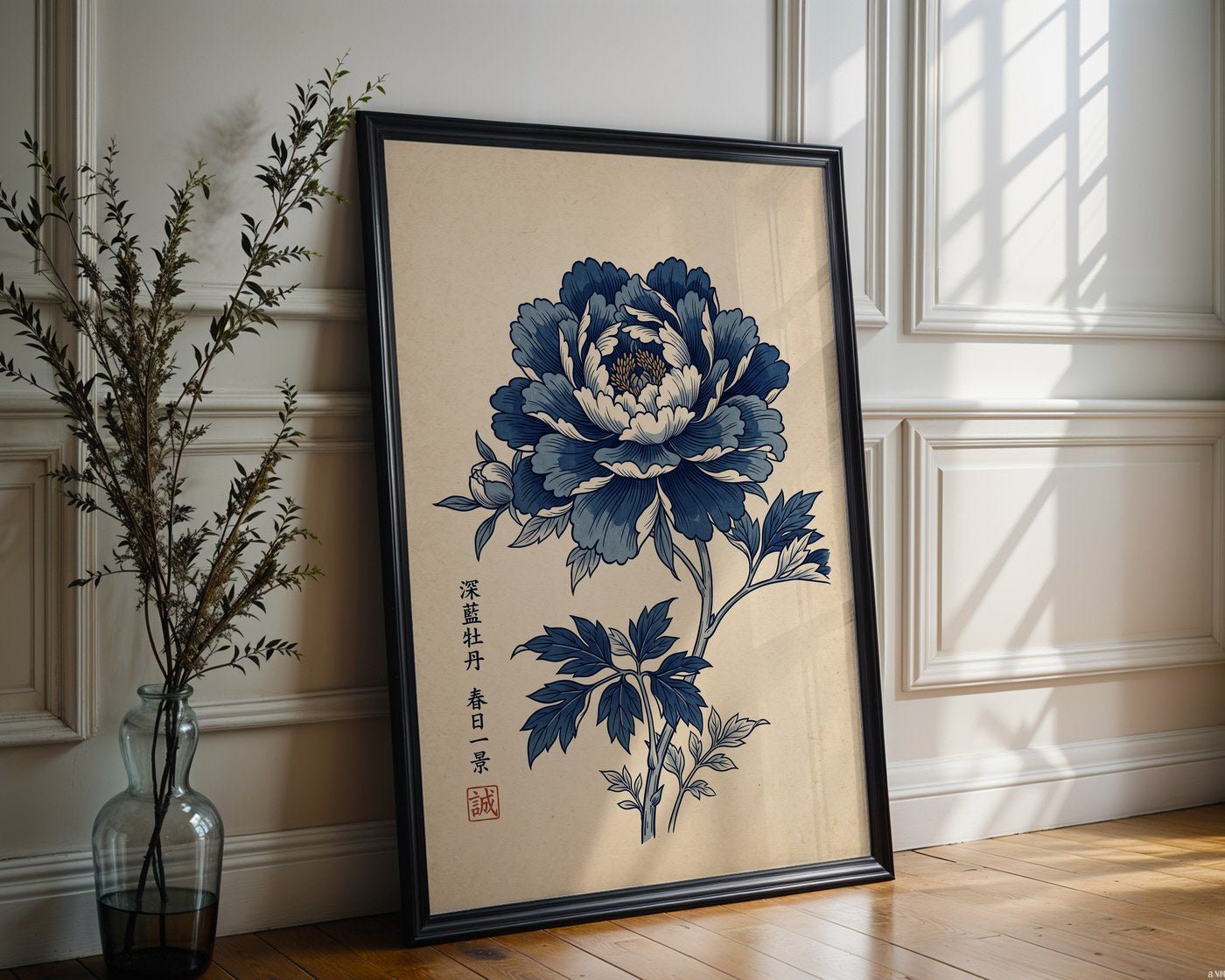 Japanese Blue Peony Poster – Indigo Ukiyo-e Wall Art Print — frame-286