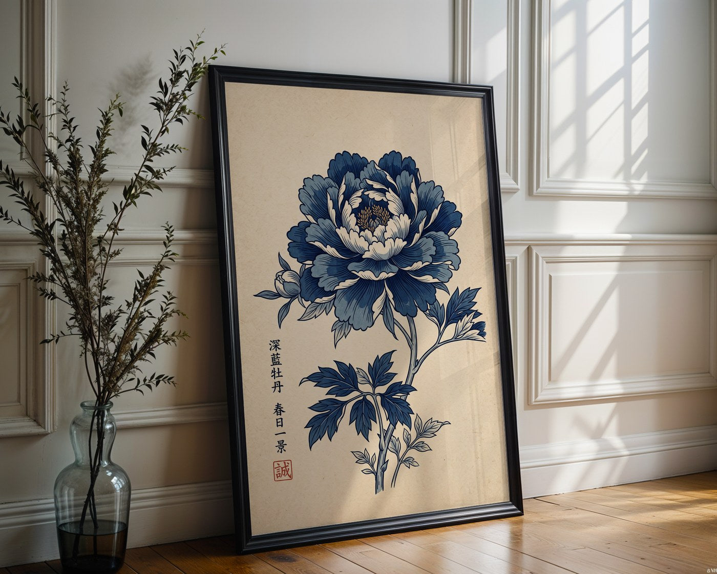 Japanese Blue Peony Poster – Indigo Ukiyo-e Wall Art Print — frame-286