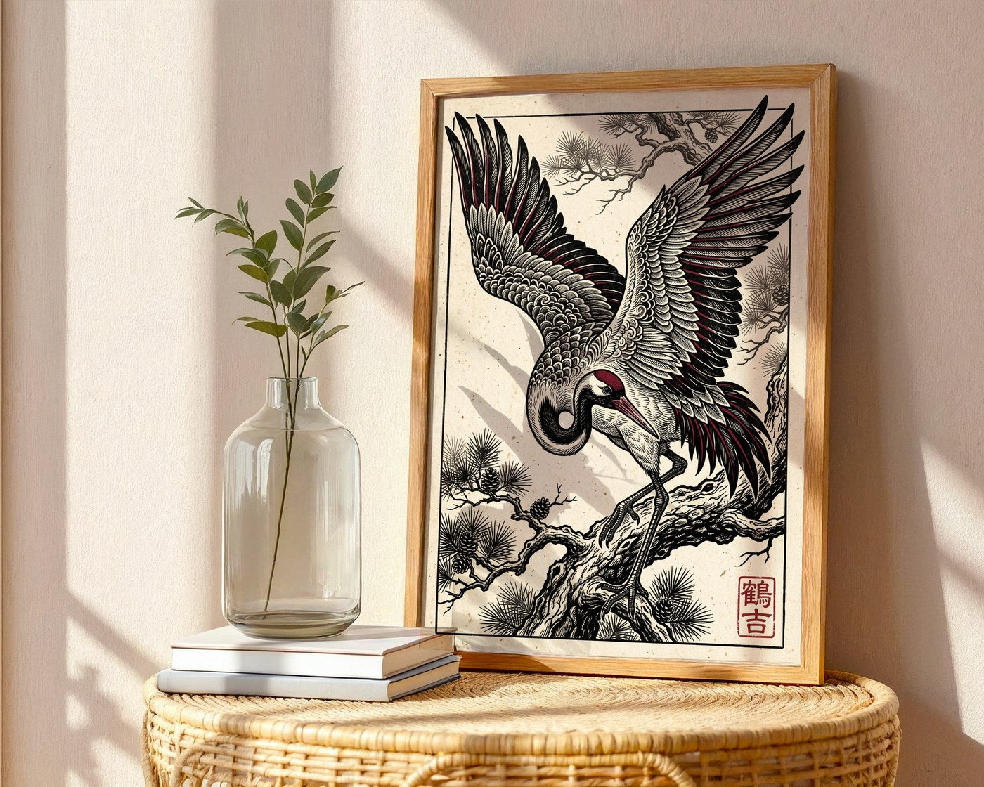 Majestic Crane Poster – Red Japanese Bird Wall Art Print — frame-486