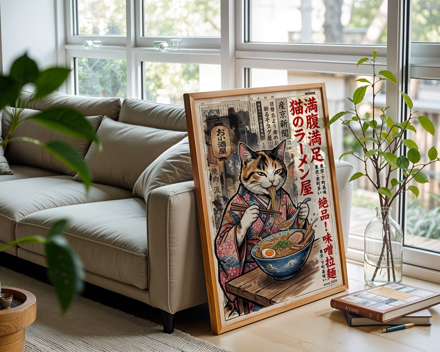 Ramen Cat Poster – Japanese Ink Illustration Wall Art Print — frame-426
