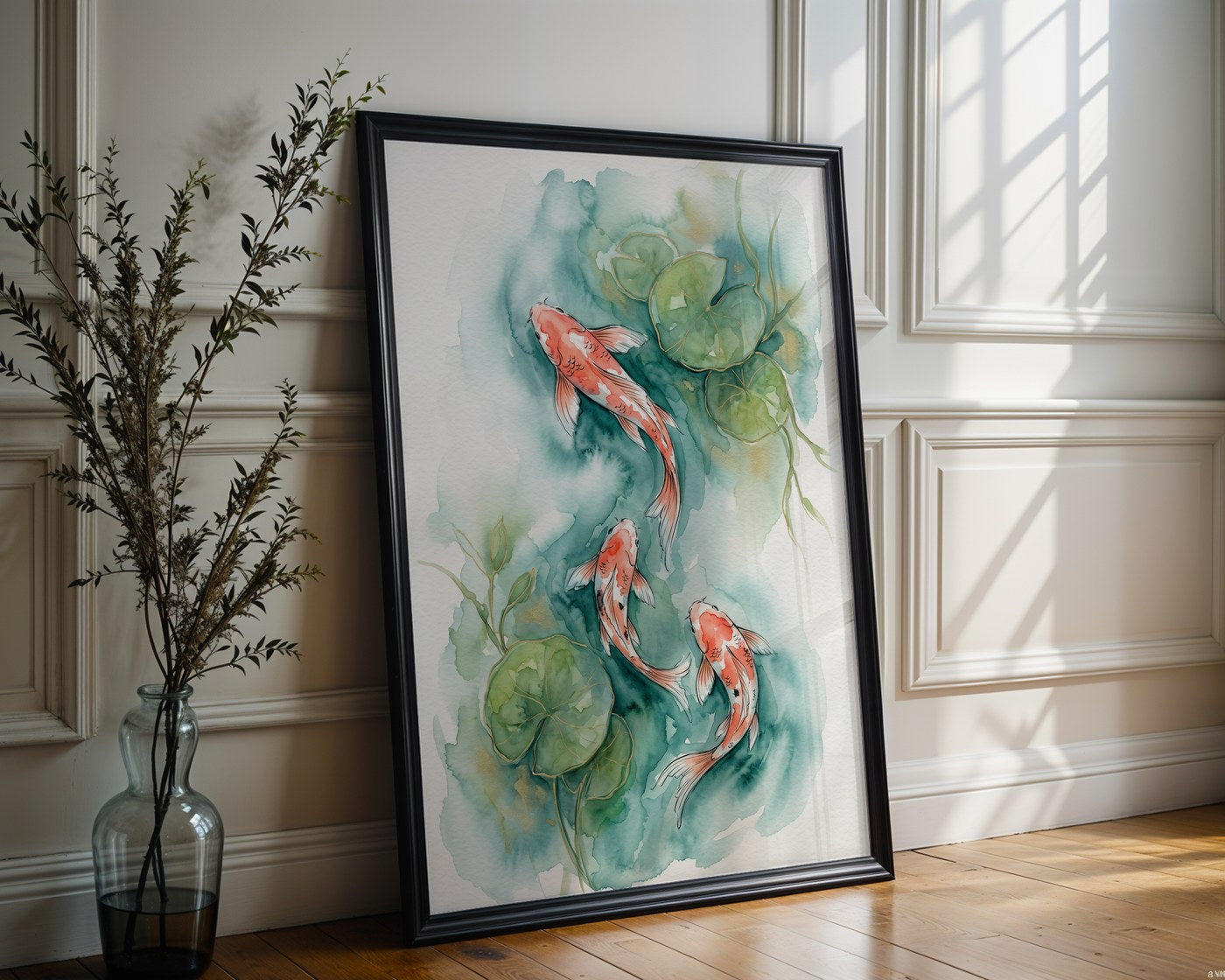 Teal Lotus Koi Poster – Watercolor Wall Art Print — frame-286