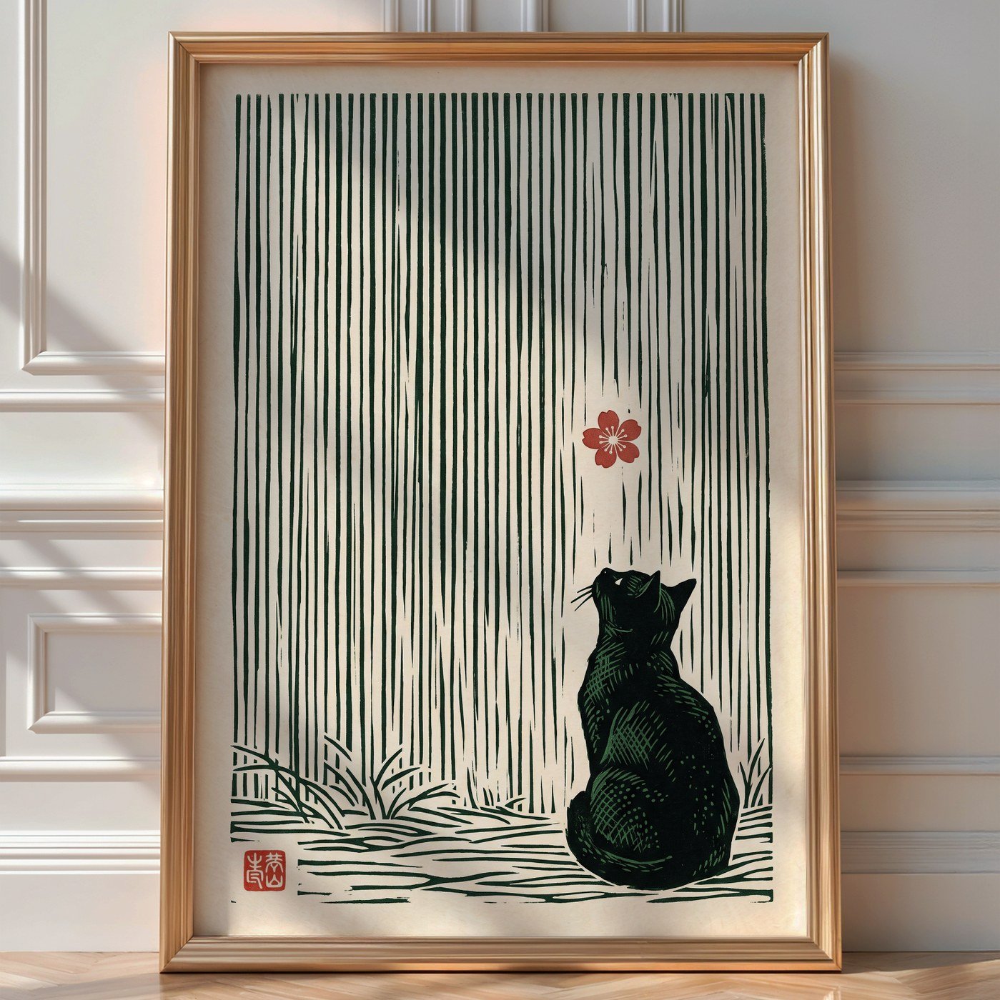 Cat and Cherry Blossom – Shin-hanga Style Art Print — room-portrait