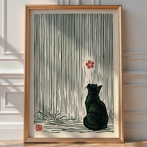Cat and Cherry Blossom – Shin-hanga Style Art Print — room-portrait