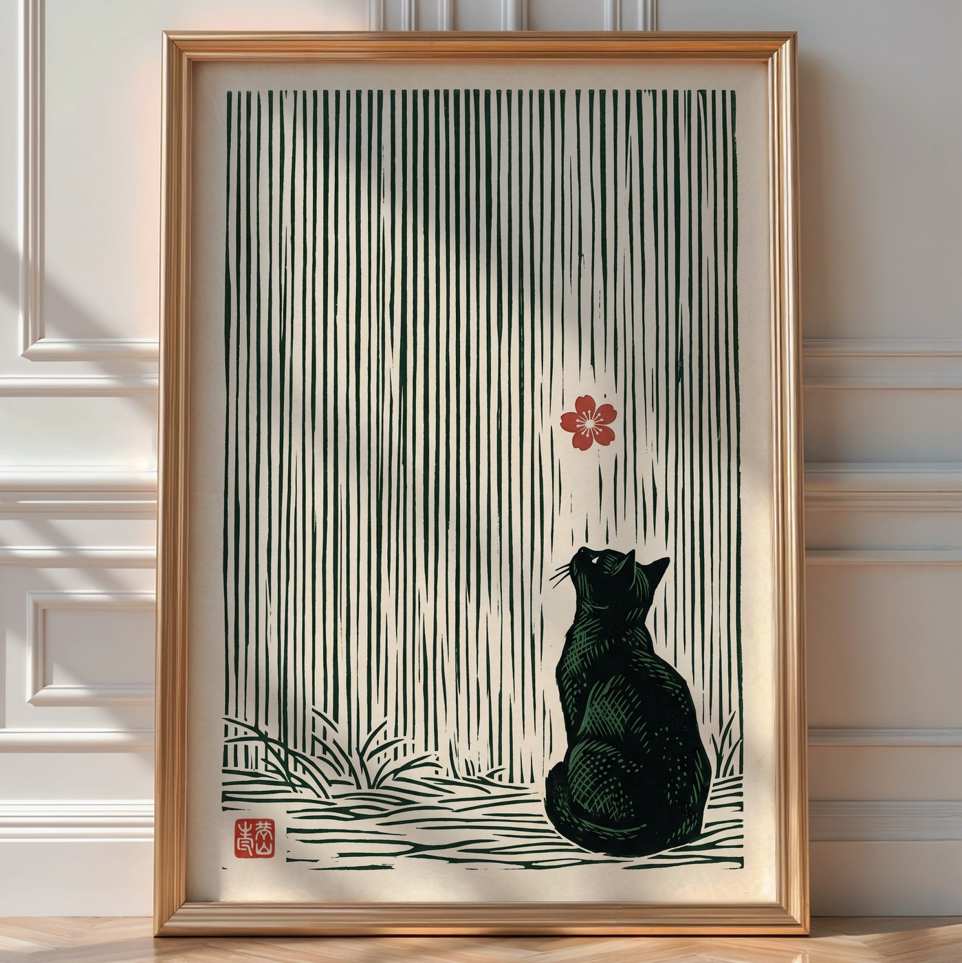 Cat and Cherry Blossom – Shin-hanga Style Art Print — room-portrait