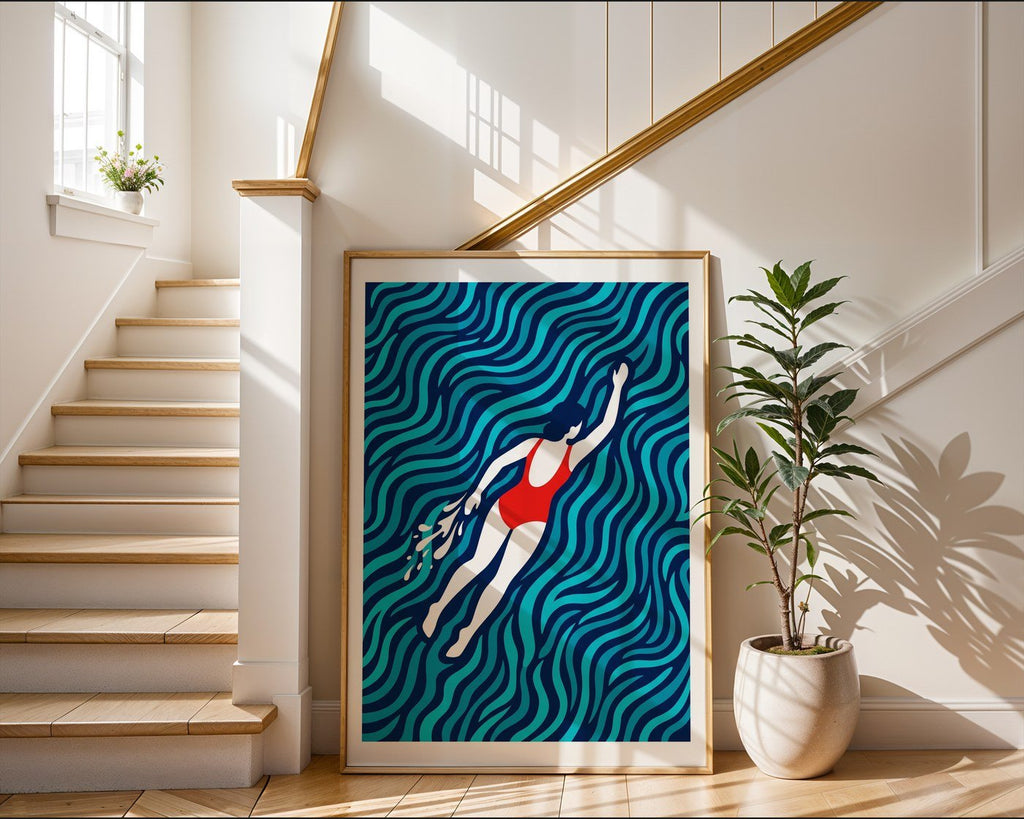Golden Swimmer Poster – Minimalist Geometric Wall Art — frame-267