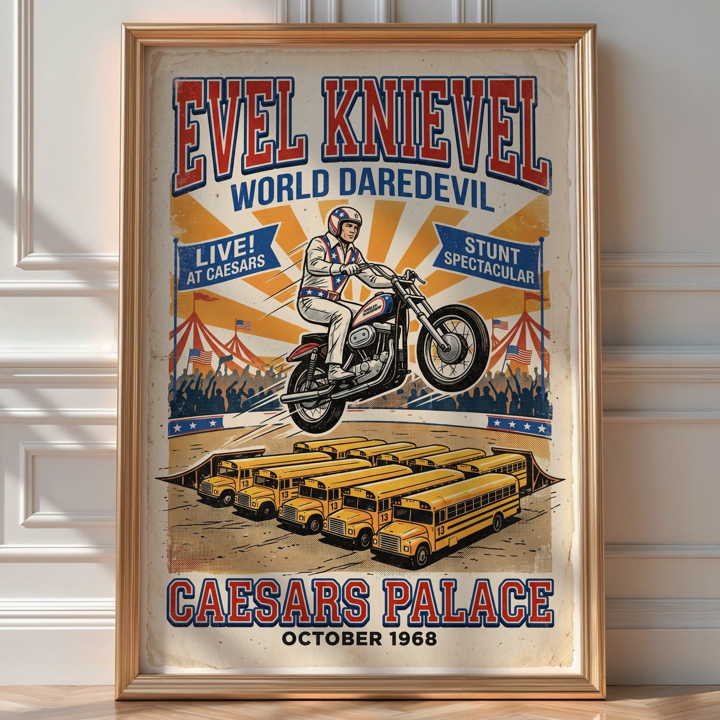 Evel Knievel 1970s Stunt Show Poster – Retro Daredevil Wall Art Print — room-portrait