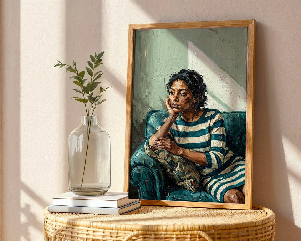 Thinking Woman Portrait Poster – Textured Figurative Wall Art Print — frame-486