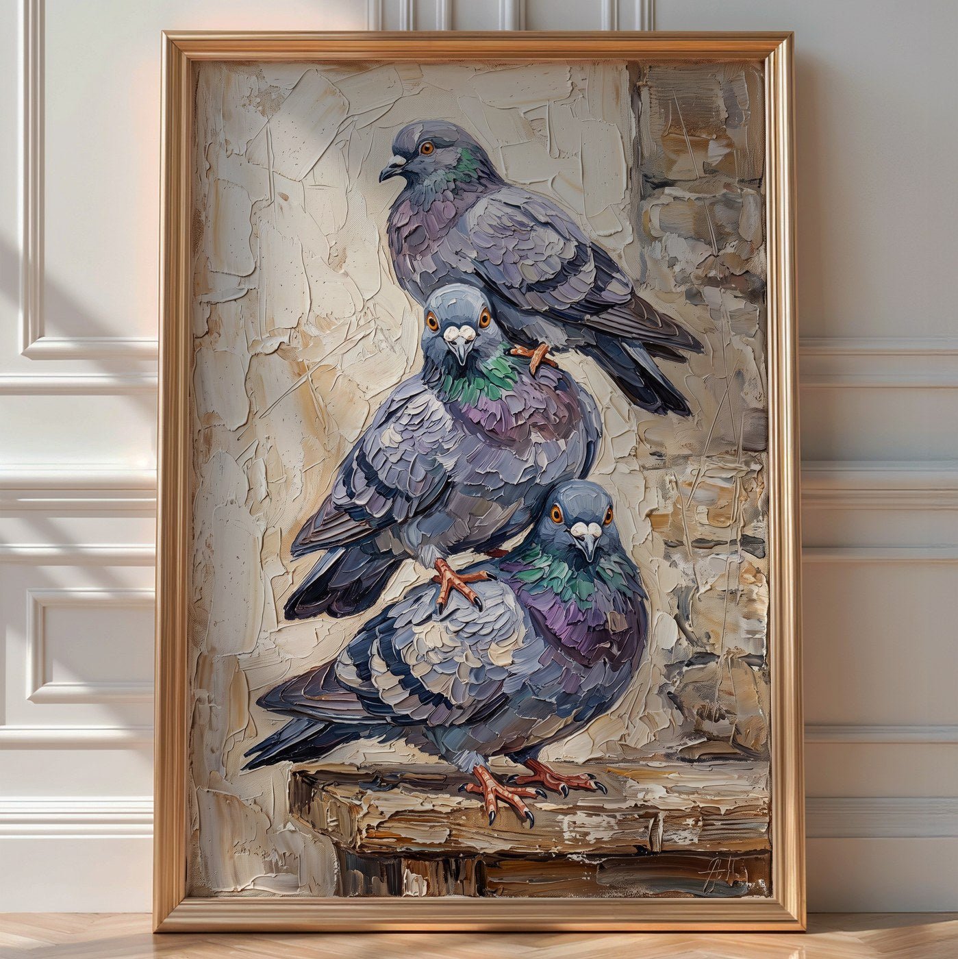 Pigeon Trio Portrait Poster – Rustic Impasto Bird Wall Art — room-portrait