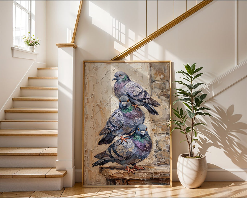 Pigeon Trio Portrait Poster – Rustic Impasto Bird Wall Art — frame-267