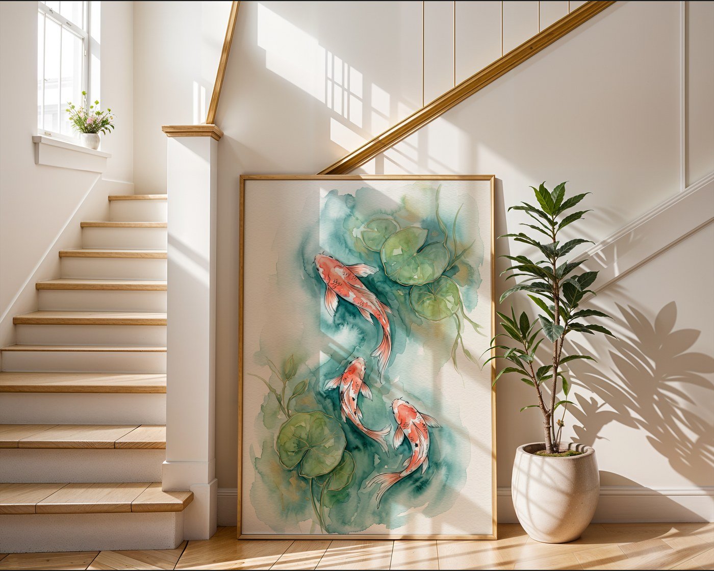 Teal Lotus Koi Poster – Watercolor Wall Art Print — frame-267