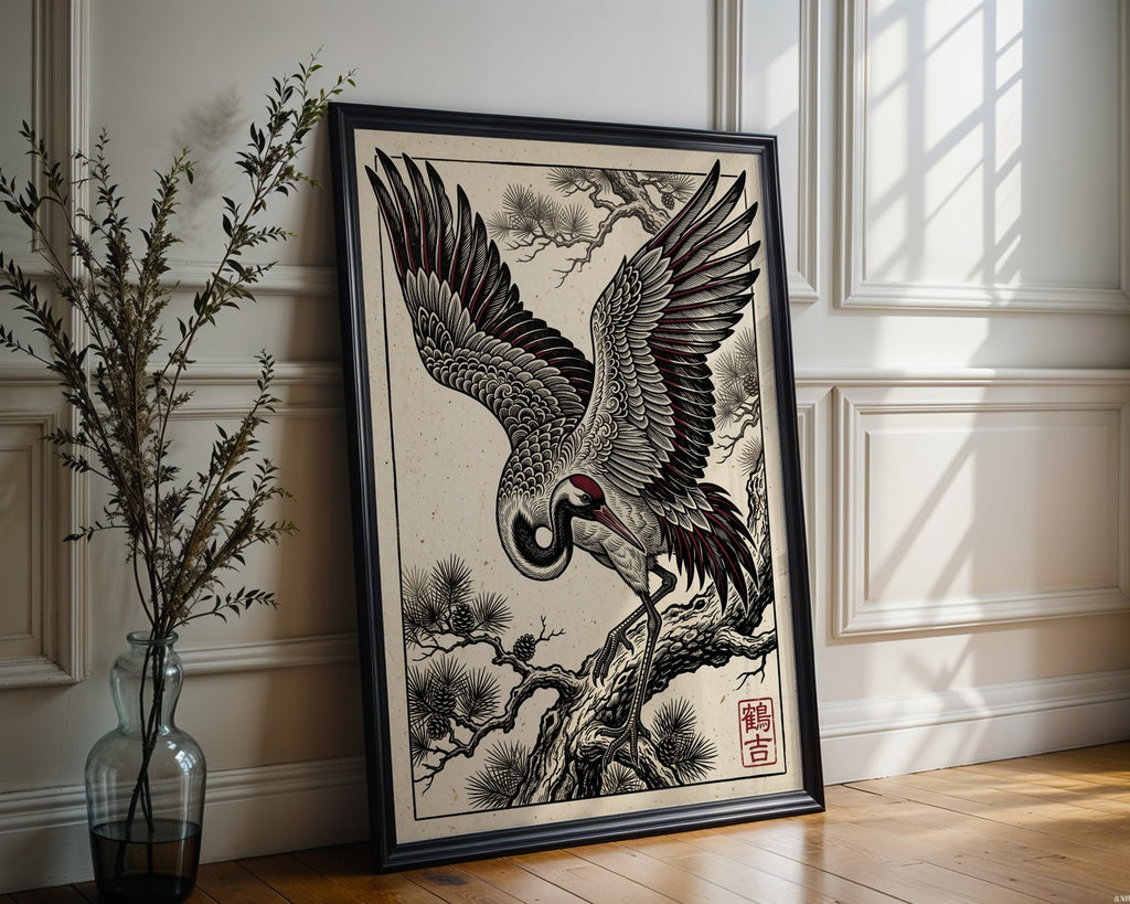 Majestic Crane Poster – Red Japanese Bird Wall Art Print — frame-286