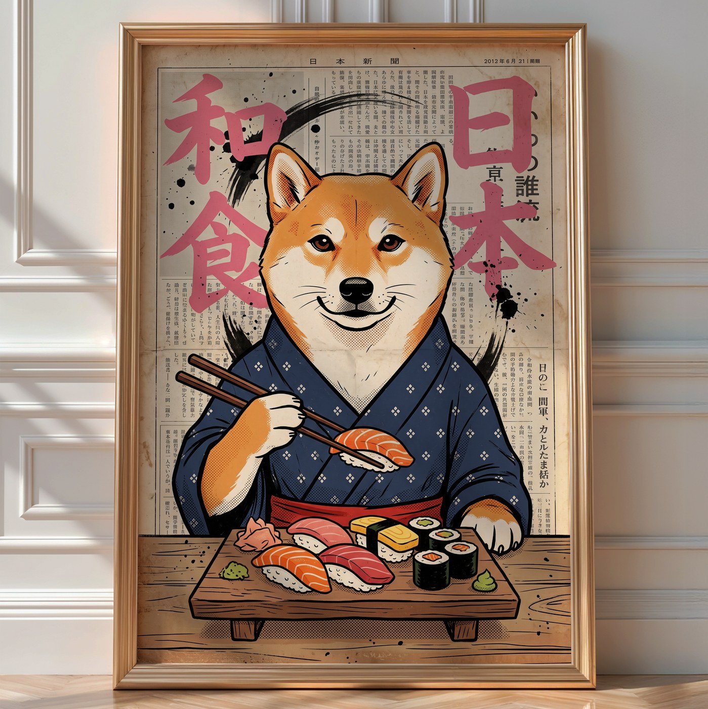 Sushi Shiba Poster – Vintage Japanese Graphic Wall Art Print — room-portrait