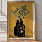 Stout Bottle and Eucalyptus Poster – Modern Botanical Wall Art Print — room-portrait