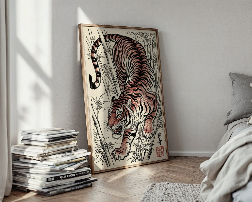 Stalking Tiger Poster – Red Ink Japanese Wall Art Print — styled-wall