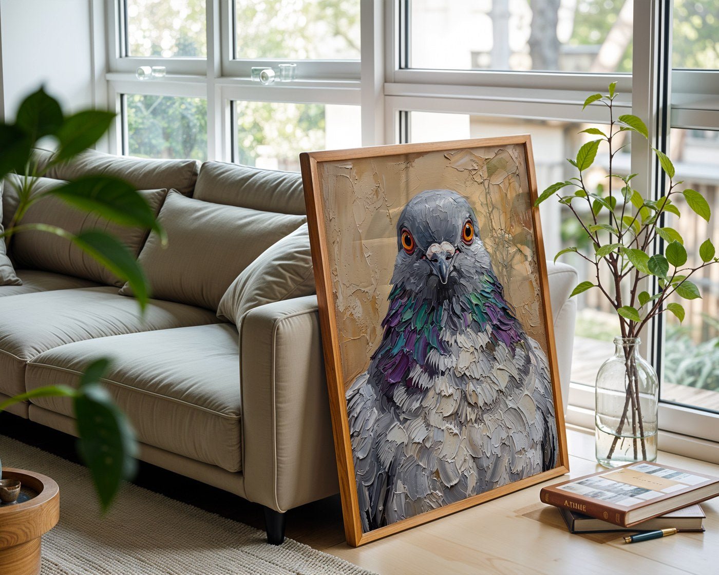 Staring Pigeon Oil Poster – Bold Character Animal Wall Art — frame-426